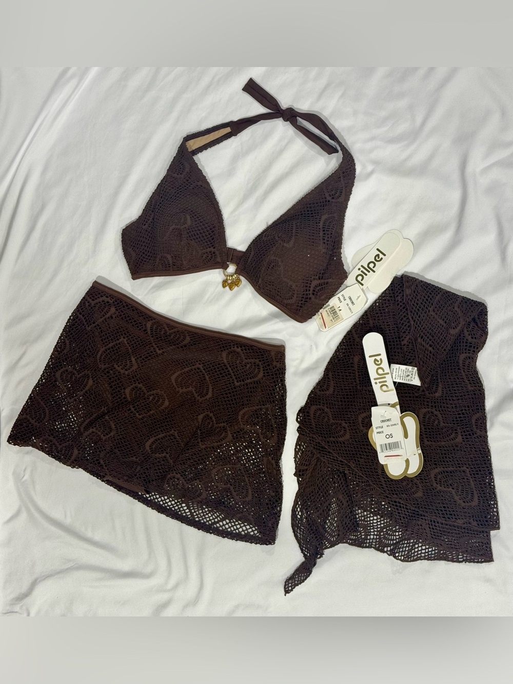 Boho Crochet 3pc Bikini Set Sarong Cover Up Brown NWT Size 14 Pilpel